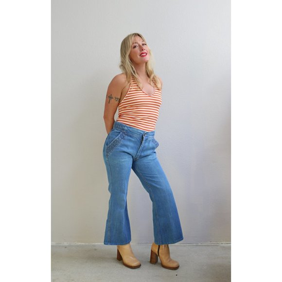 1970's Vintage MD Cimone Baket Weave Bell Bottom Jeans Women's Medium 31" Waist - Picture 9 of 11